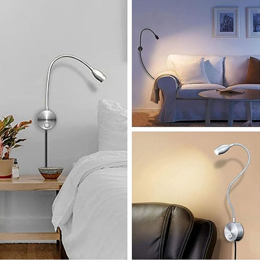 3W Gooseneck Hose LED Wall Light Hose Wall Light Bedroom Bedside Hose Small Spotlight Surface Mounted Universal Reading Light USB Dimmable Touch Wall Light (Color : Silver)
