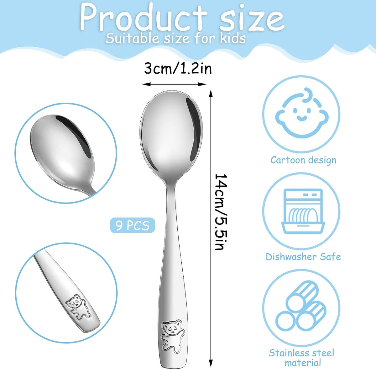 9 Pieces Toddler Spoons Kids Spoons, Kids Silverware Stainless Steel Toddler Utensils Metal Kids Cutlery Set Baby and Children Safe Flatware, Perfect for Small Hands