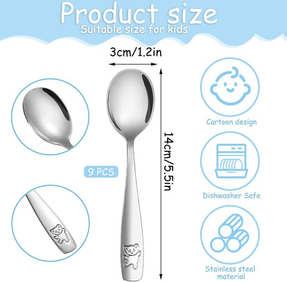 9 Pieces Toddler Spoons Kids Spoons, Kids Silverware Stainless Steel Toddler Utensils Metal Kids Cutlery Set Baby and Children Safe Flatware, Perfect for Small Hands