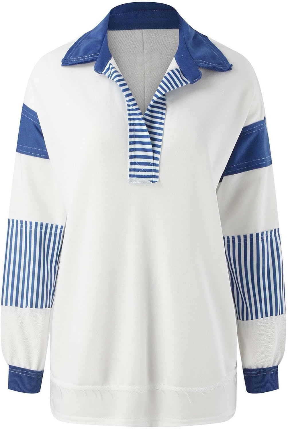 Womens Oversized Patchwork Striped Sweatshirts V Neck Loose Colorblock Long Sleeve Pullover Casual Polo Shirts