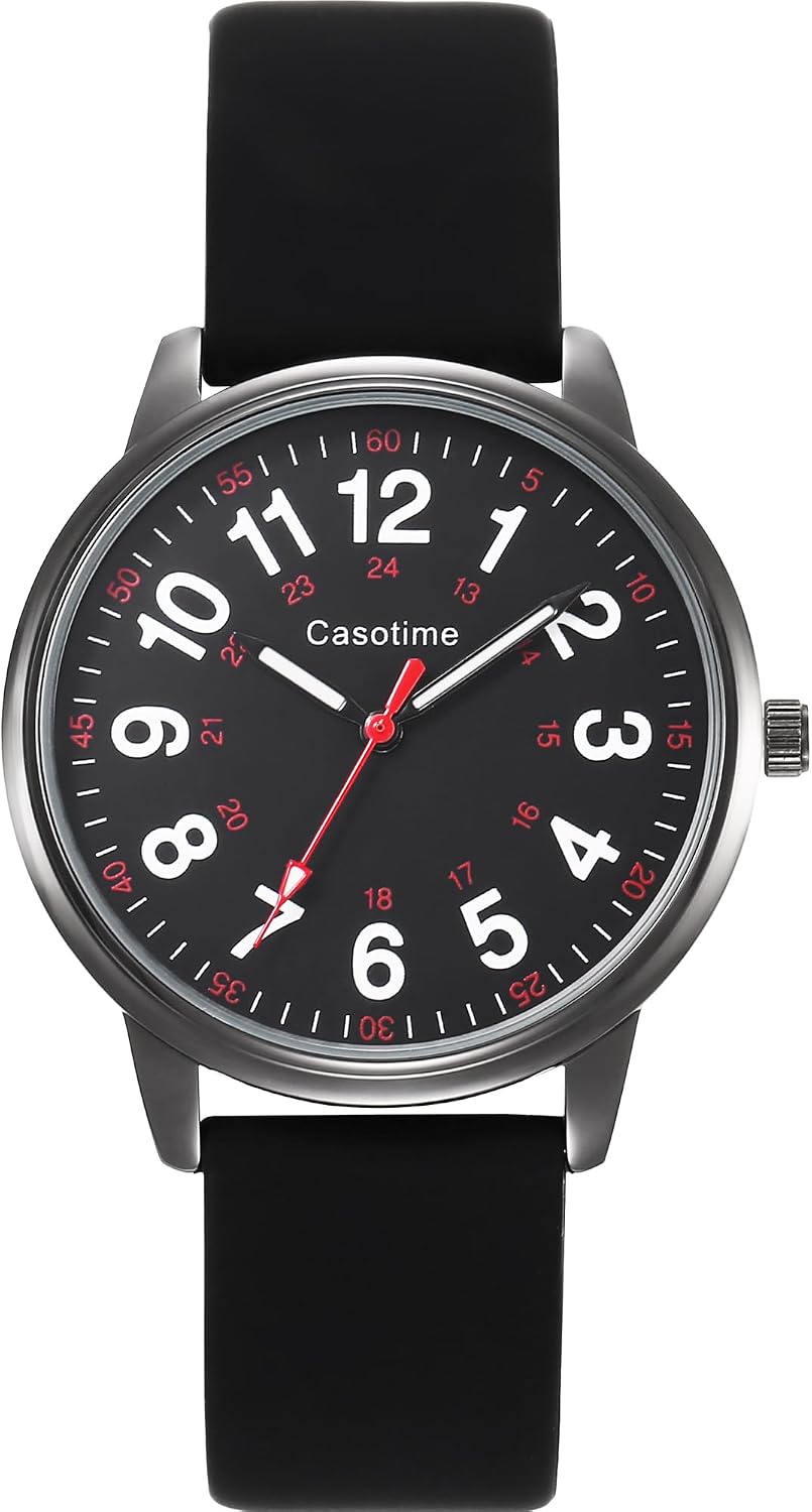 Casotime 30M Waterproof Nurse Watch - Luminous Easy Read Dial, Second Hand & 24H Military Time, Durable Silicone Band for Nurses, Medical Professionals, Students - Men and Women