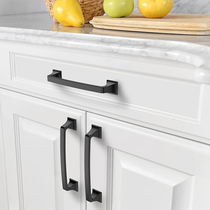 Amerdeco 10 Pack Kitchen Cabinet Handles Matte Black Cabinet Pulls 5 Inch(128mm) Hole Center Cabinet Hardware for Bathroom Drawer Pulls Dresser Pulls AM0002