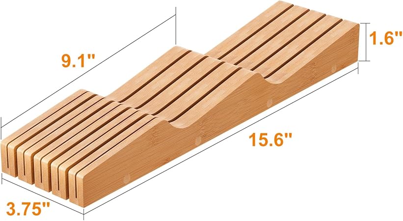 In-Drawer Knife Block Organizer - Bamboo Wood Drawer Knife Holder-Protecting Knife Organizer Block Holds Up To 9 Knives(Not Included)
