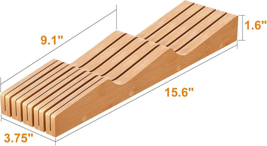 In-Drawer Knife Block Organizer - Bamboo Wood Drawer Knife Holder-Protecting Knife Organizer Block Holds Up To 9 Knives(Not Included)