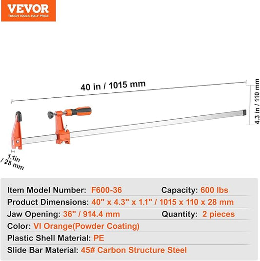 VEVOR Bar Clamps for Woodworking, 2-Pack 36" ClampSpreader, Quick-Change F Clamp with 600 lbs Load Limit, 2.5" Throat Depth, Cast Iron and Carbon Steel, Wood Clamps for Woodworking Metal Working