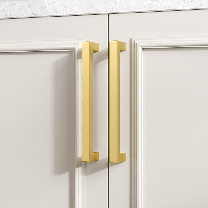 goldenwarm 45 Pack 5 inch Gold Cabinet Pulls Brushed Brass Drawer Handles Modern Square Stainless Steel Hardware Pull for Kitchen Cupboard Dresser