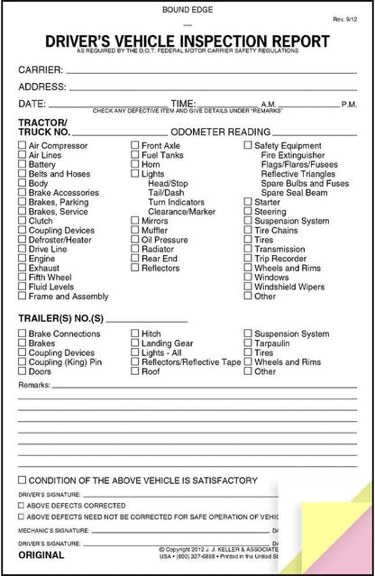 Detailed Driver's Vehicle Inspection Report 10-pk (1862 Rev 10/13). - Book Format with 31 Sets, 3-Ply, Carbonless, 5.5" x 8.5", Meet FMCSR Requirements, J. J. Keller & Associates, Inc.