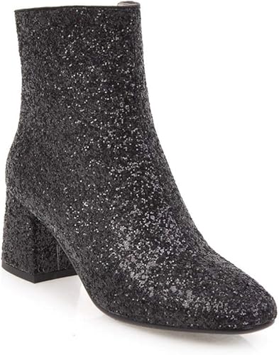 Elyffany Womens Mid Block Heel Glitter Ankle Boots Ladies Zipper Party Prom Booties