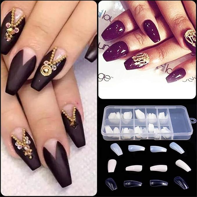 100 PiecesBox TransparentWhite Acrylic False Nails, Square Ballerina Coffin Fake Nail Tips, Medium Long Square Pressed On Nails, Full Cover Fake Nail Extension Patches (Clear, One Size)