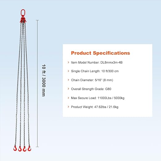 VEVOR Chain Sling, 5/16 inch x 10 ft Lifting Chains with Hooks, G80 Engine Chain Hoist Lifts, 11000 lbs/5 Ton Lifting Sling Chains for Engine Hoist, Engine Lift Chain with 4 Leg Grab Hooks & Adjusters