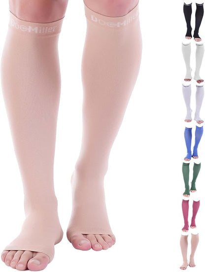 Doc Miller Open Toe Compression Socks for Men and Women, 15-20 mmHg, Calf Support Sleeves, Recovery Stockings, Wide Calf, Toeless Design, 1 Pair