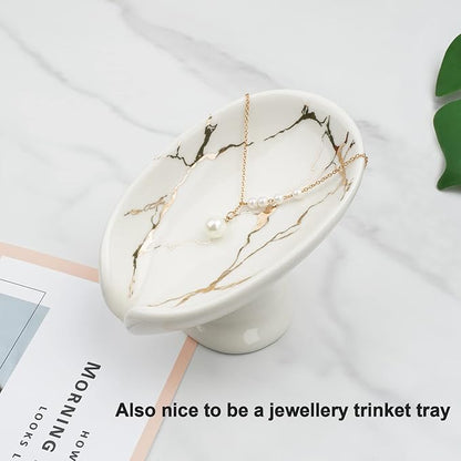 Self-Draining Soap Dish White Ceramic with Marble Brush Gold Soap Holder Waterfall Soap Dish Soap Savers for Bar Soap, for Bathroom, for Shower, for Bar Counter.