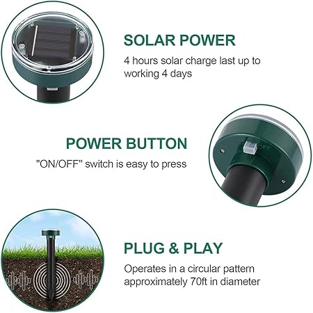 (2 Pack) Gopher Repellent Ultrasonic Solar Powered - Easy to Use Solar Mole Repellent Ultrasonic with an Auger Drill Bit - IP65 Waterproof Sonic Repeller Stakes for Groundhog, Vole, Snake, etc