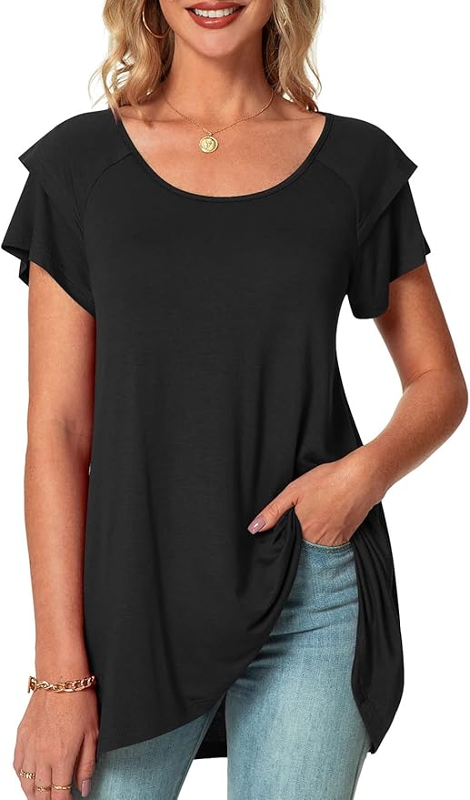 POPYOUNG Women's Summer Ruffle Short Sleeve T-Shirt Casual Crewneck Tunic Tops for Leggings Loose Blouse