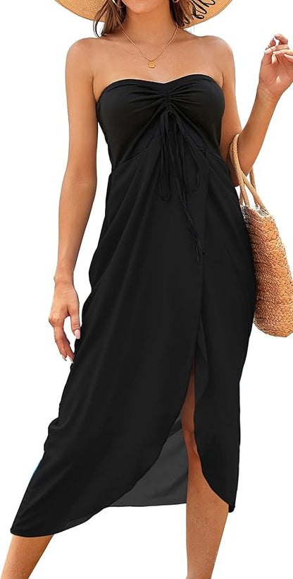 Women's Beach Dress Summer Maxi Sundress Strapless Hawaiian Cover Ups Asymmetrical Wrap Dresses