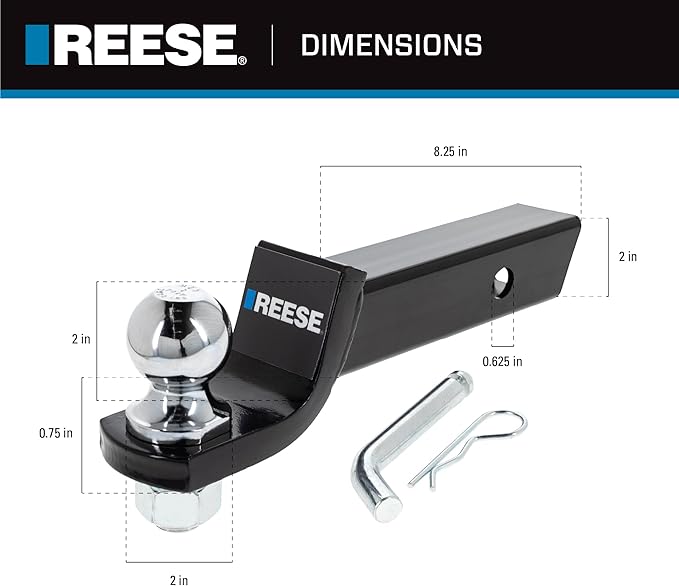 Reese 21536 Trailer Hitch Ball Mount Starter Kit, Fits 2 Inch Square Receiver, 2 Inch Drop, 6,000 lbs. Capacity, Includes 2 Inch Trailer Ball and Pin & Clip