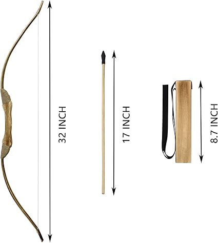 Kids Bow and Arrow Set, 32 Inch Archery Set Handmade Wooden Toy Bow and Arrow for Kids 4-6 8-12, Cosplay Game Costume Prop Play, 1 Bows 1 Quivers and 10 Wood Arrows, Gifts for Youth Boys  Girls