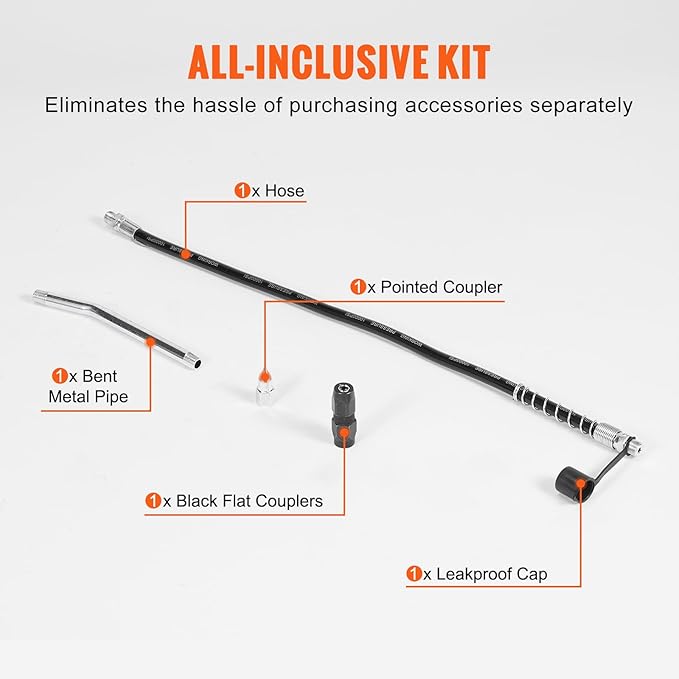 VEVOR Grease Gun, 6000 PSI Heavy Duty Pistol Grip Grease Gun, Grease Gun Kit with 14 oz Load, 17.72 Inch Flexible Hose, 1 Flat Couplers, 1 Pointed Coupler, and 1 Bent Metal Pipe