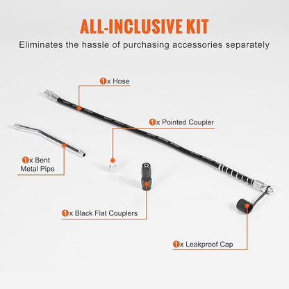 VEVOR Grease Gun, 6000 PSI Heavy Duty Pistol Grip Grease Gun, Grease Gun Kit with 14 oz Load, 17.72 Inch Flexible Hose, 1 Flat Couplers, 1 Pointed Coupler, and 1 Bent Metal Pipe