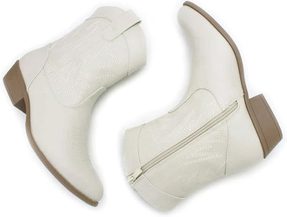 PEPPEP Western Cowgirl Cowboy Ankle Boots for Women or Ladies, Mid Calf, Vegan Leather Embroidered Upper, Low Heel, Fashionable Pointed-toe, Well Made