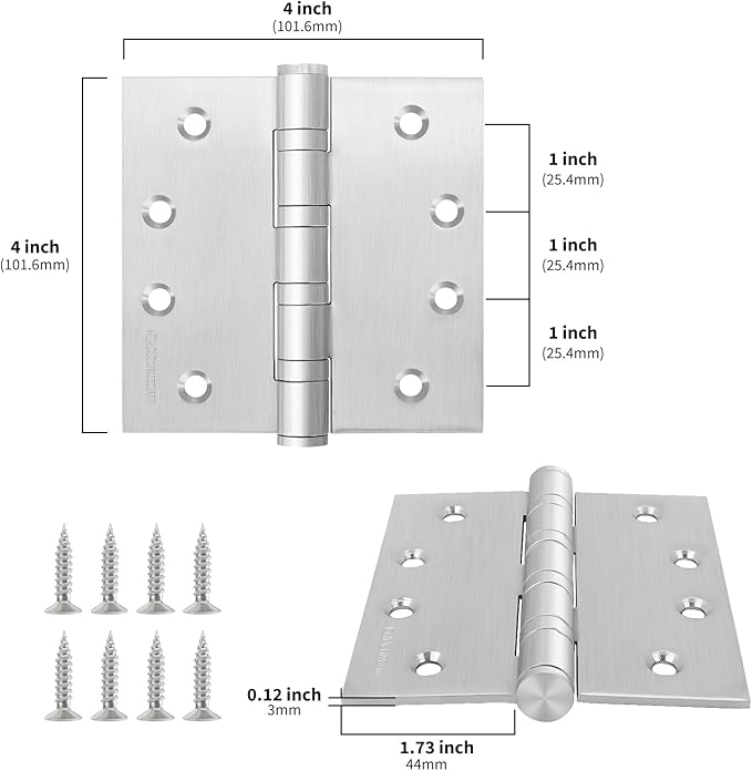 3 Pack goldenwarm Satin Nickel 4'' Door Hinges for Exterior Doors Ball Bearing Door Hinges 4in x 4in with Square Corner, Heavy-Duty, 304 Stainless Steel