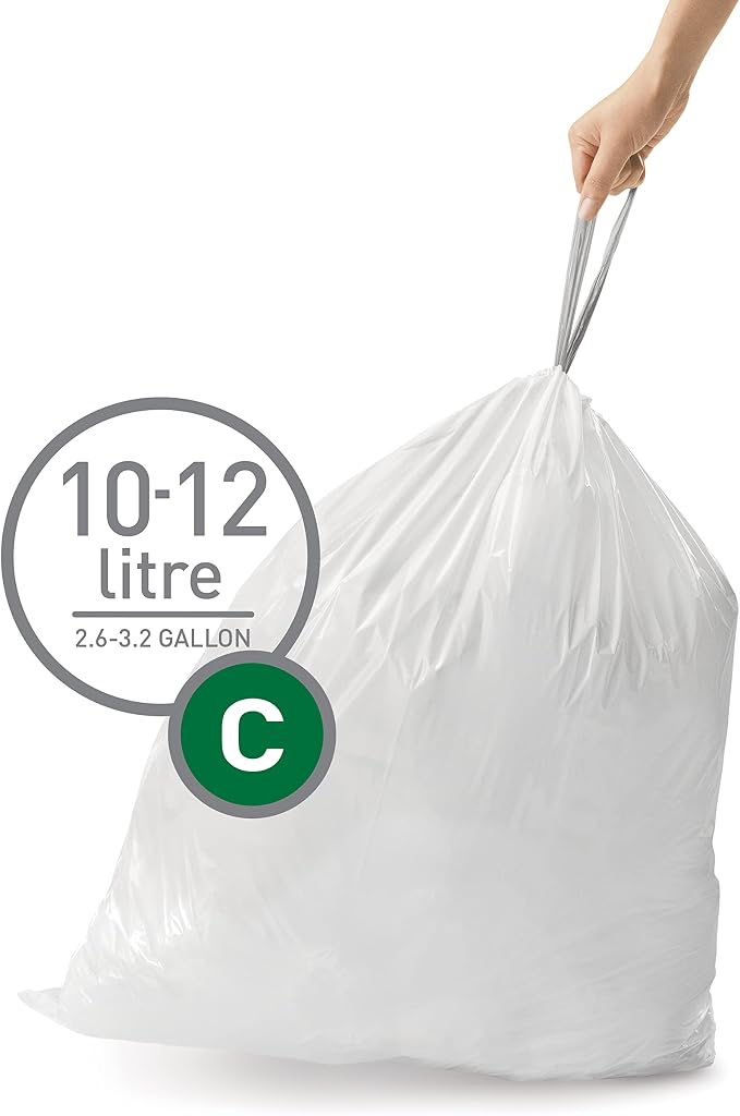 simplehuman Code C 60 Count, Dispenser Pack Custom Fit Liners, Drawstring Trash Bags, 10-12 Liter / 2.6-3.2 Gallon, White