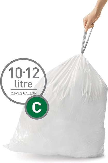 simplehuman Code C 60 Count, Dispenser Pack Custom Fit Liners, Drawstring Trash Bags, 10-12 Liter / 2.6-3.2 Gallon, White