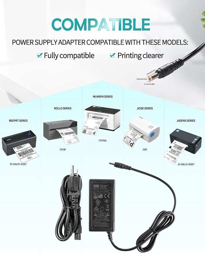 DC 24V 2A Label Printer Adapter - AC Power Supply Adapter 100V240V AC to DC Converter for Rollo, JIOSE J500, MUNBYN P129, BEEPRT, JADENS Printers