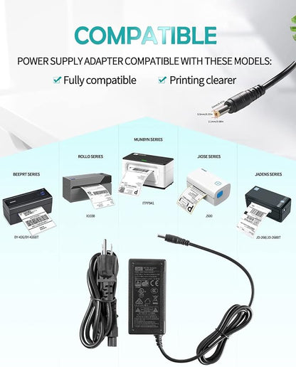 DC 24V 2A Label Printer Adapter - AC Power Supply Adapter 100V240V AC to DC Converter for Rollo, JIOSE J500, MUNBYN P129, BEEPRT, JADENS Printers
