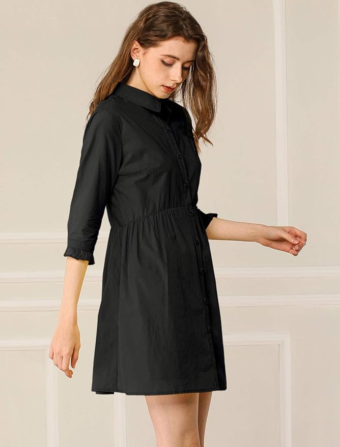 Allegra K Women's Shirt Dress Button Down 3/4 Sleeve School Work Mini Casual Shirtdresses