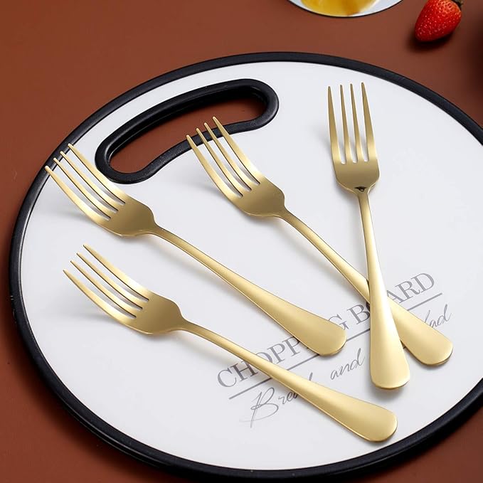 Gold Dinner Forks of 4, Berglander 7.9" Stainless Steel Titanium Shiny Gold Plating Fork Set, Forks And Spoons Silverware, Golden Table Forks Set Sturdy And Dishwasher Safe