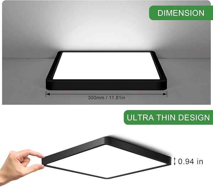 12Inch 24W Square LED Ceiling Light Fixtures Flush Mount, 5000K Daylight White LED Ceiling Lamp, Surface Mount Modern Ceiling Lights, Black Slim Flat Panel Lighting for Bedroom, Kitchen, Bathroom Etc