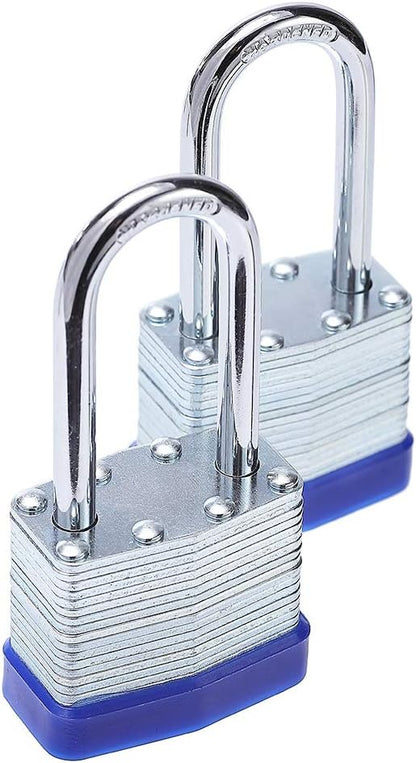 Laminated Steel Key Lock, 1-916 in. Wide Body, 2 Padlocks Keyed Alike,Long Shackle