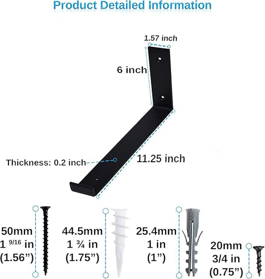 Shelf Brackets 2 Pack Heavy Duty Floating 11.25" L x 6.0" H x 1.5" W Black Metal Shelves Wall Mounted Rustic Iron J Shelf Brackets with Lip for DIY Open Shelving Brackets
