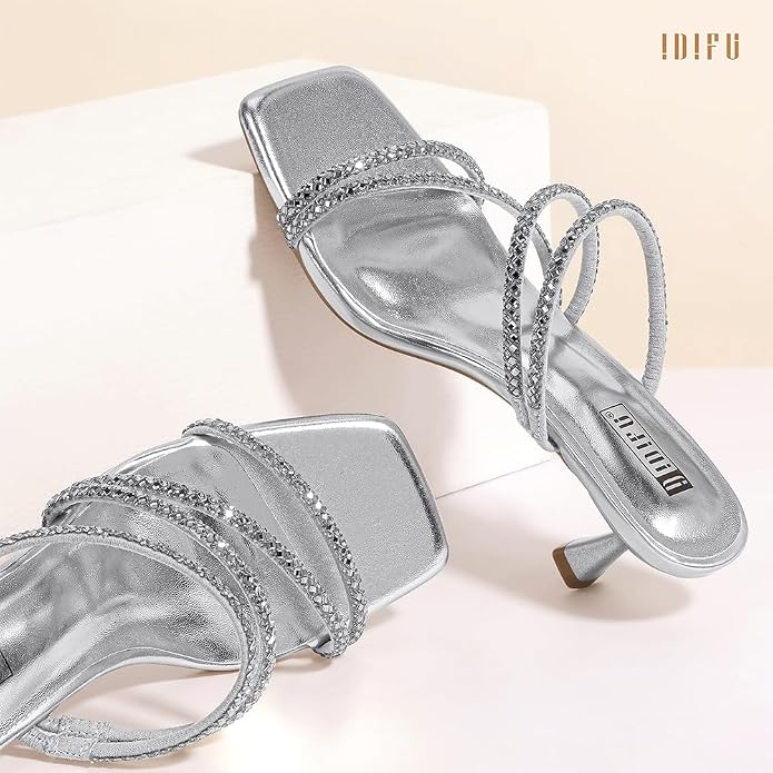 Size 11. IDIFU Rhinestone Heels Slip On Strappy Low Kitten Heels | Square Open Toe Low Heels Wedding Bridal Prom Party Dress Shoes for Women Comfortable Formal Sparkly Heeled Sandals