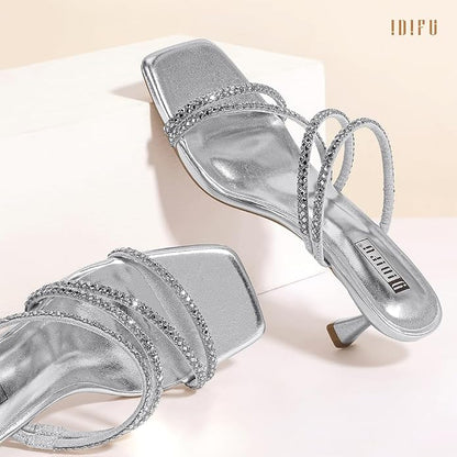 Size 11. IDIFU Rhinestone Heels Slip On Strappy Low Kitten Heels | Square Open Toe Low Heels Wedding Bridal Prom Party Dress Shoes for Women Comfortable Formal Sparkly Heeled Sandals