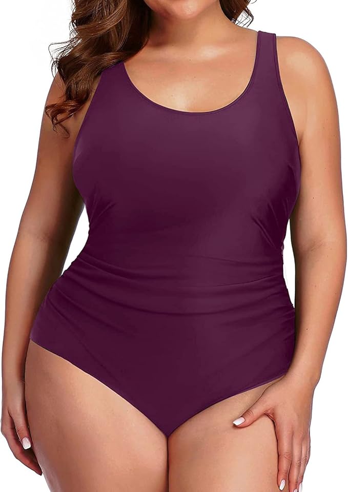 Daci Women Deep Purple Plus Size One Piece Swimsuit Athletic Tummy Control Ruched Bathing Suit with U-Back 22 Plus