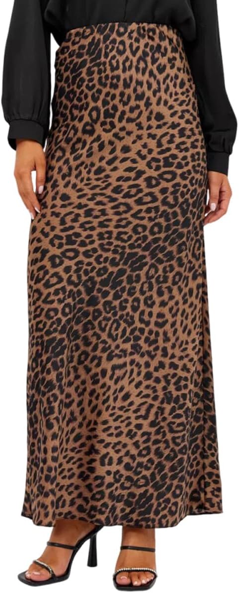 XXL Women's Slik Satin Leopard High Waist Wrap Elastic Waisted Maxi Long Skirt Flowy Silk Skirt with Leopard Pattern.