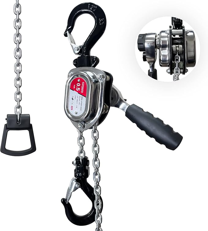 YATOINTO 1/2 Ton 1100lbs Chrome Mini Lever Block 3M 10Ft Come Along Manual Chain Hoist Steel G80 Puller Hoist with Hook for Building