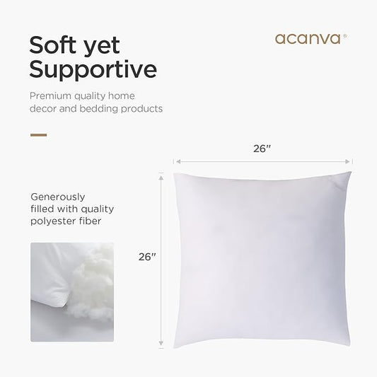 Acanva Throw Pillow Inserts for Bed Couch Sofa Chair Indoor Decorative, Square Sham Stuffer Cushion with Premium Polyester Microfiber, 26x26 Inch(2 Count), White