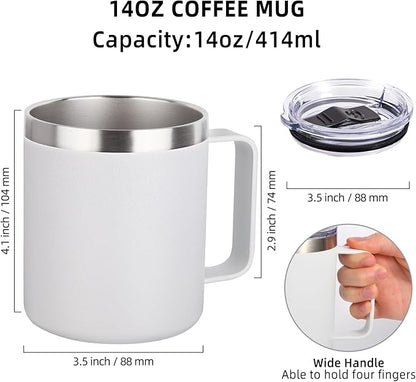 Volhoply 14oz Insulated Stainless Steel Coffee Mug with Leakproof Lid,Double Wall Vacuum Travel Coffee Cup with Handle,Reusable Metal Cups Tumbler,Camping Mugs Keep HotCold,Ideal Gifts(White,1)