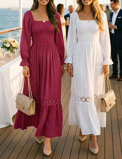 ZESICA Women's 2026 Boho Long Sleeve Square Neck Smocked High Waist Flowy A Line Lace Trim Maxi Dress .