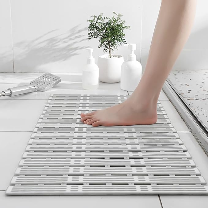 Non Slip Bathtub Mat,Soft Rubber Non Slip Shower Mats,Comfortable for Feet,Simple Design,Easy Clean,Quick Drying,with Sturdy Suction Cup,for Slippery Surfaces (Grey-White,68  40cm26.77  15.75in)