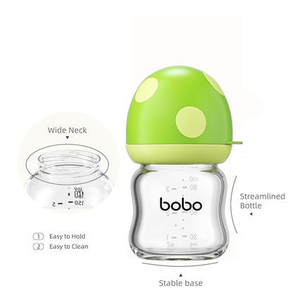 YOHKOH Natural Glass Baby Bottle with Natural Response Nipple, Newborn Anti-Colic Baby Bottles, Wide Neck Mushroom Cap Baby Bottle, Clear (Green, 3.4oz (Pack of 2))