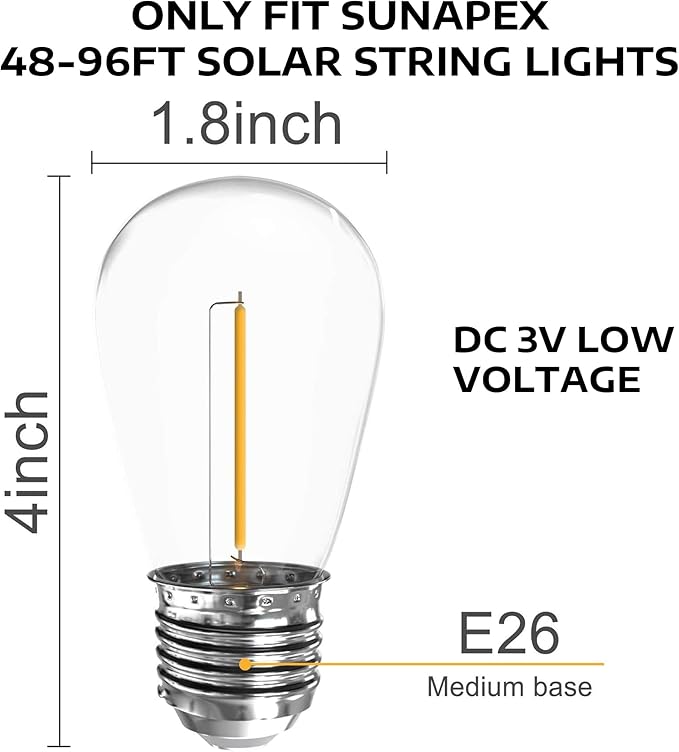 SUNAPEX S14 LED Replacement Bulbs ONLY Compatiable 48-96 FT Solar String Lights, DC 3V Low Voltage 2700K Warm White Weatherproof E26 Screw Base Non-dimmable