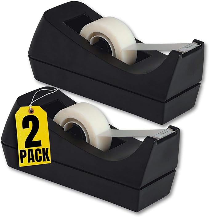 1InTheOffice Desk Tape Dispenser, Black Non-Skid Base Desktop Tape Dispenser Weighted (2 Pack)