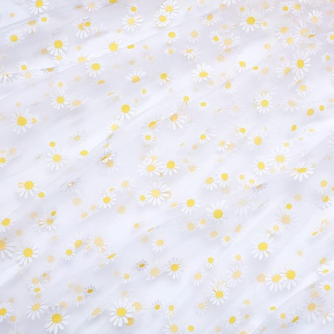 BENECREAT 4 Yard Daisy Flower Print Fabric, White Tulle Lace Ribbon for Wedding Dress Skirt DIY Sewing Decorations Craft Supplies