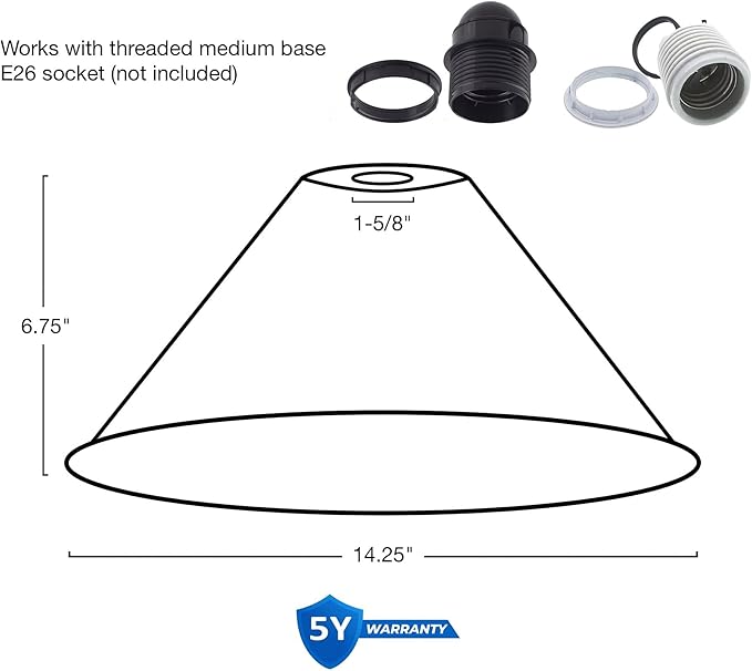 Kira Home 14" Industrial Metal Cone Replacement Shades, 1-58" Fitter Opening for Threaded Medium Base Socket, 6.75" x 14.25", Black Finish, 3-Pack