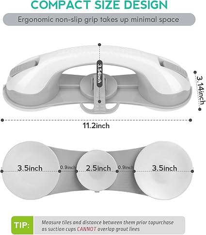 2-Pack Shower Handle Safety Grab Bars with 3 Suction Cups for Bathtubs and Showers - Bathroom Rails Aid for Seniors, Elderly, Handicap - Wall  Bath Tub Toilet Support (Grey)