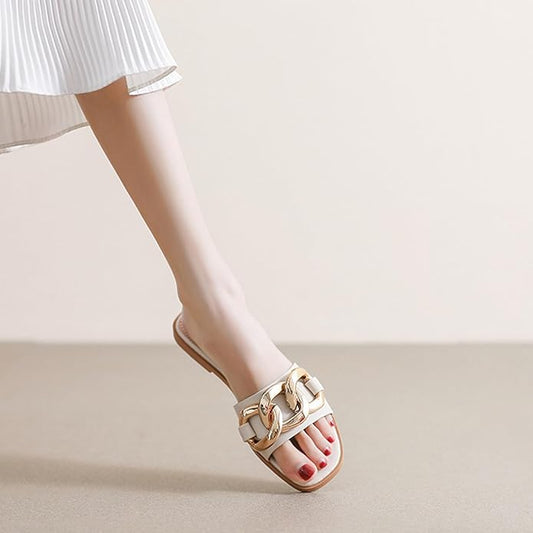 Zeberfi Women's Metal Chain Flat Slide Sandals Fashion Square Open Toe Single Band Slippers for Summer